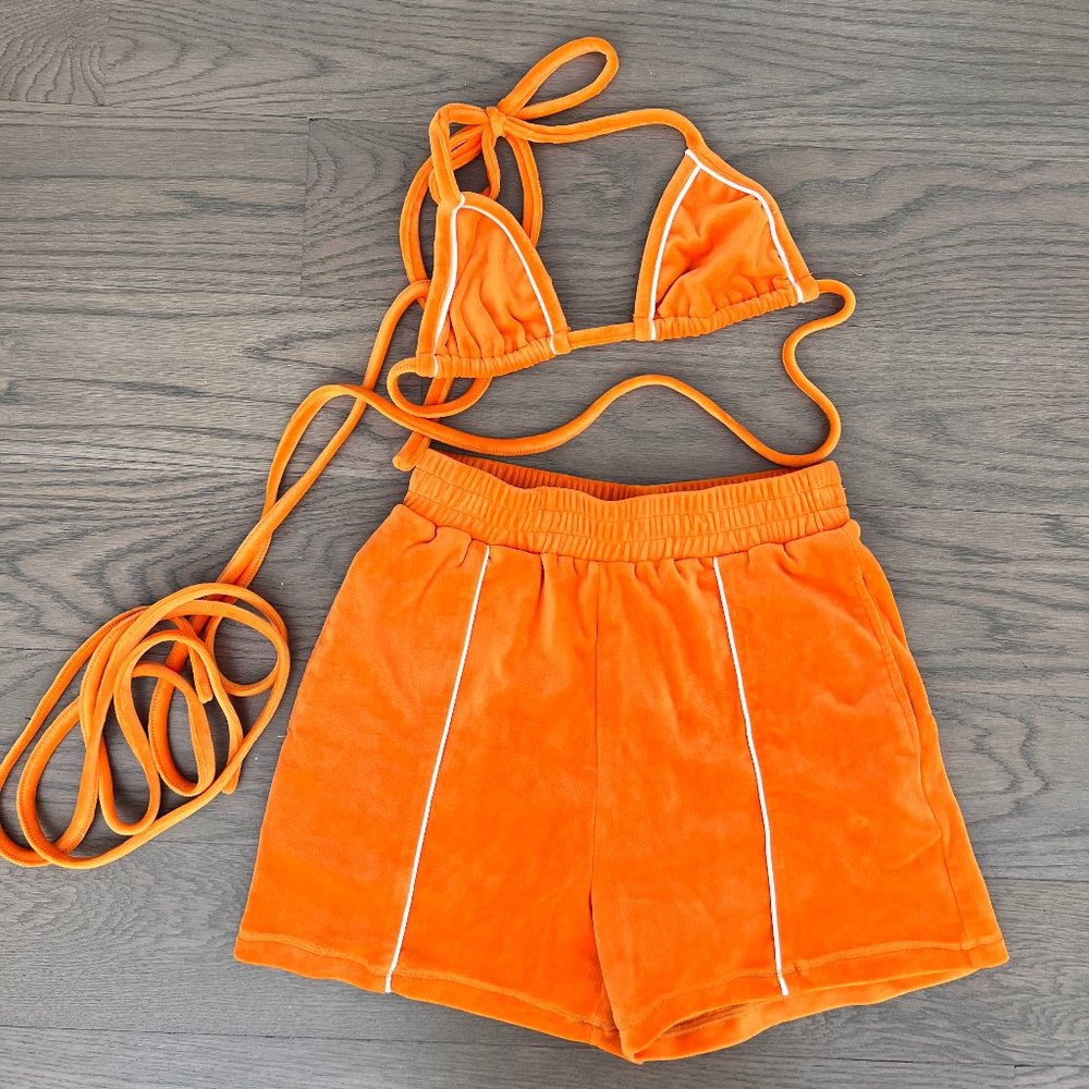 Fashion Nova Orange Velvet Bra & Short Set